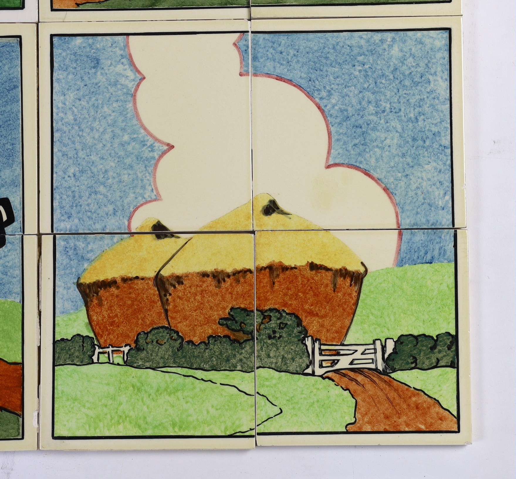 E.E. Strickland for Carter & Co, Poole pottery, six sets of four tile panels of animals and farm scenes, each tile 15.2cm (6in.) square and each set of four tiles 61cm square, minor faults